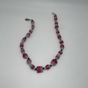 Handcrafted Pink Blue Beaded Necklace